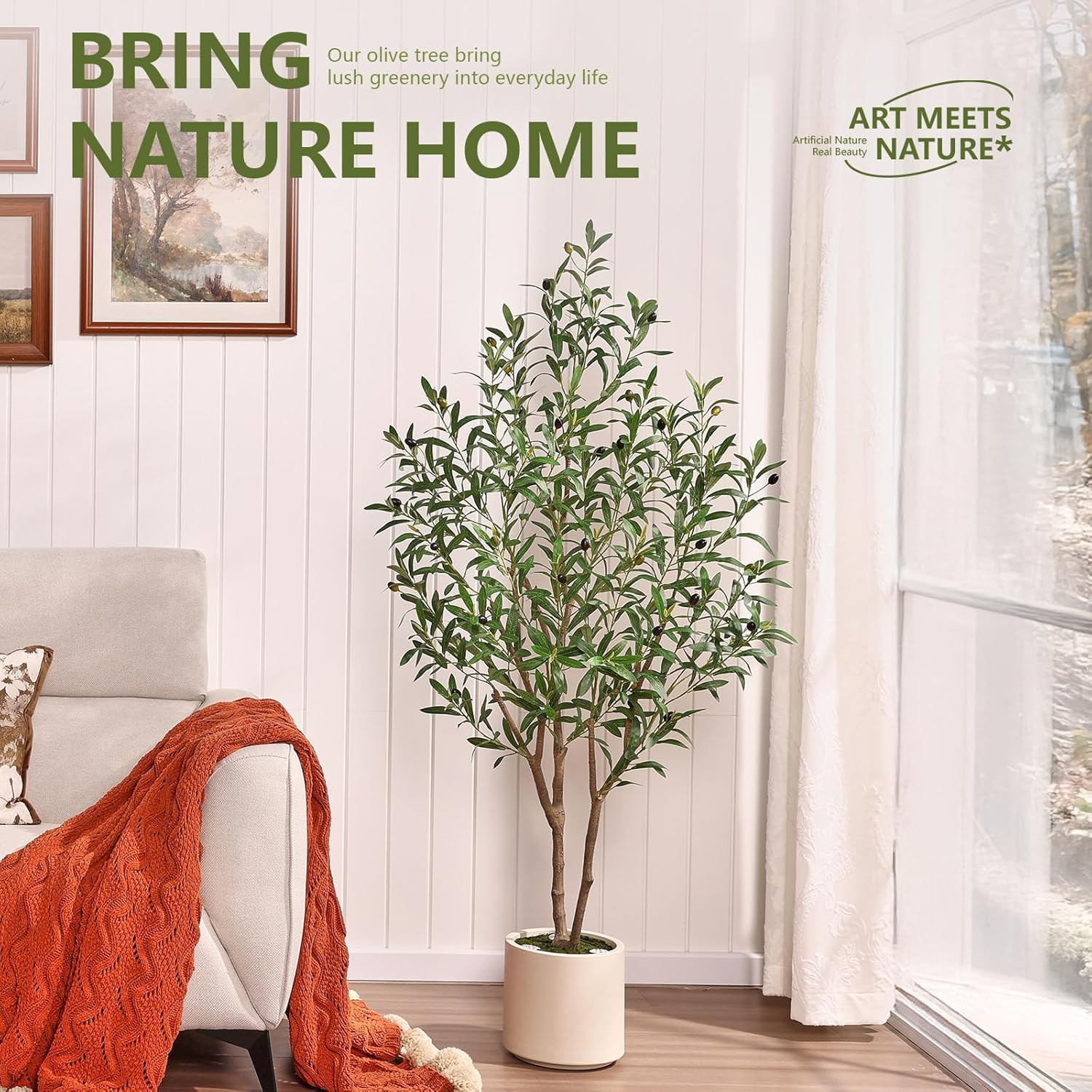 5FT Artificial Olive Tree with LED Spotlights in White Planter for Home Decor