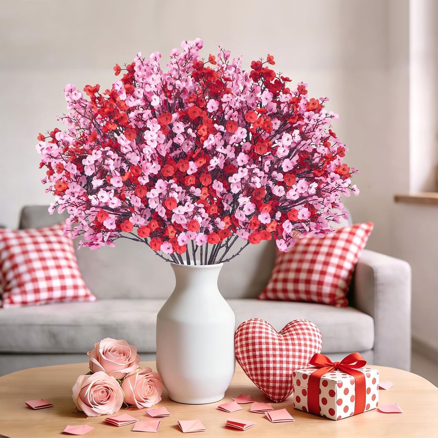 6 Pcs Valentine’s Day Artificial Baby’s Breath Flowers, Red Pink Faux Gypsoph…