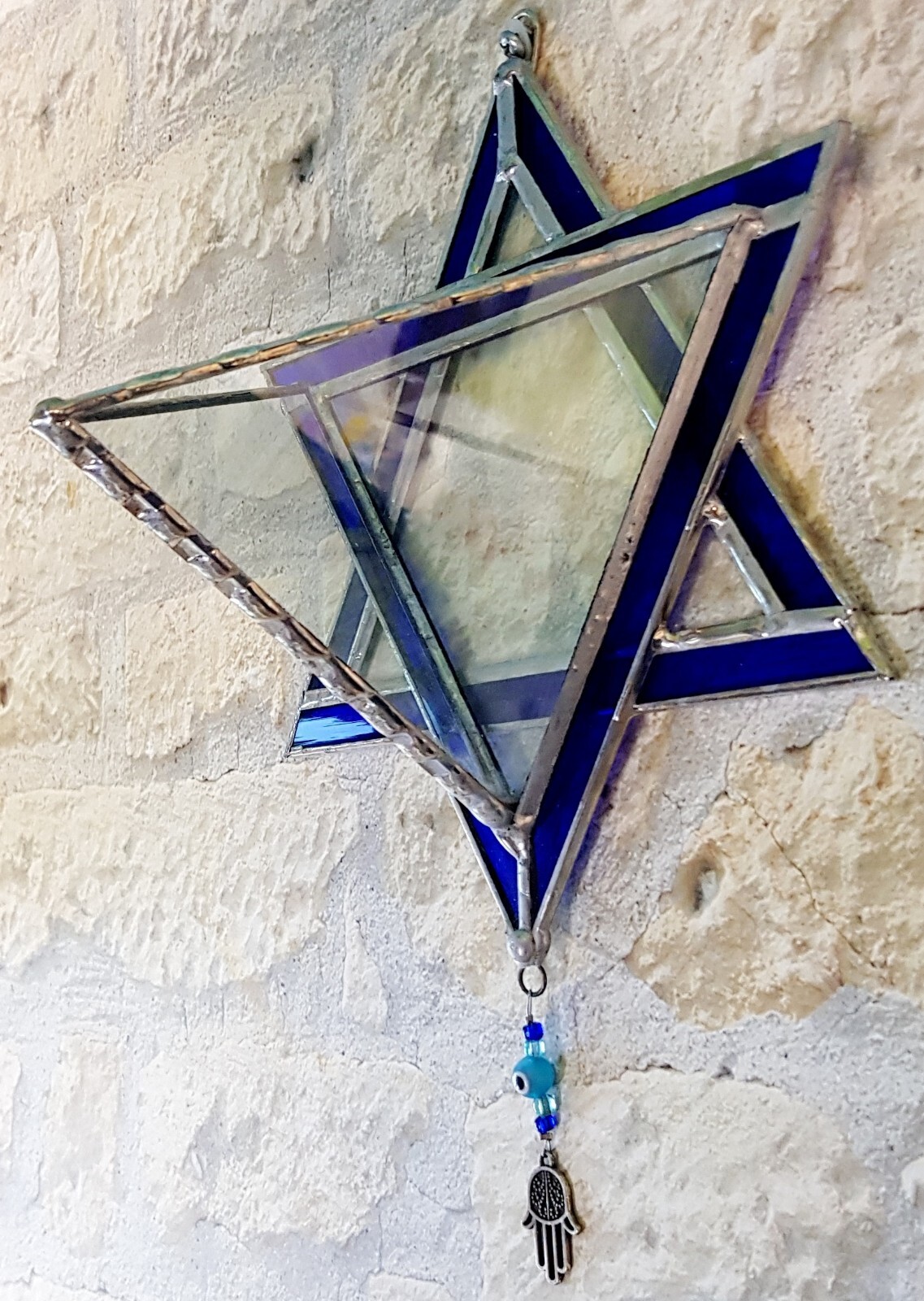 Transparent Terrarium with Blue Frame Stained Glass in shaped Star of David