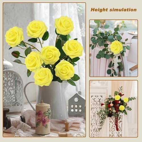 Artificial Flowers Yellow Realistic Roses Latex Foam 100pcs 3 Inch Head 7 Inch
