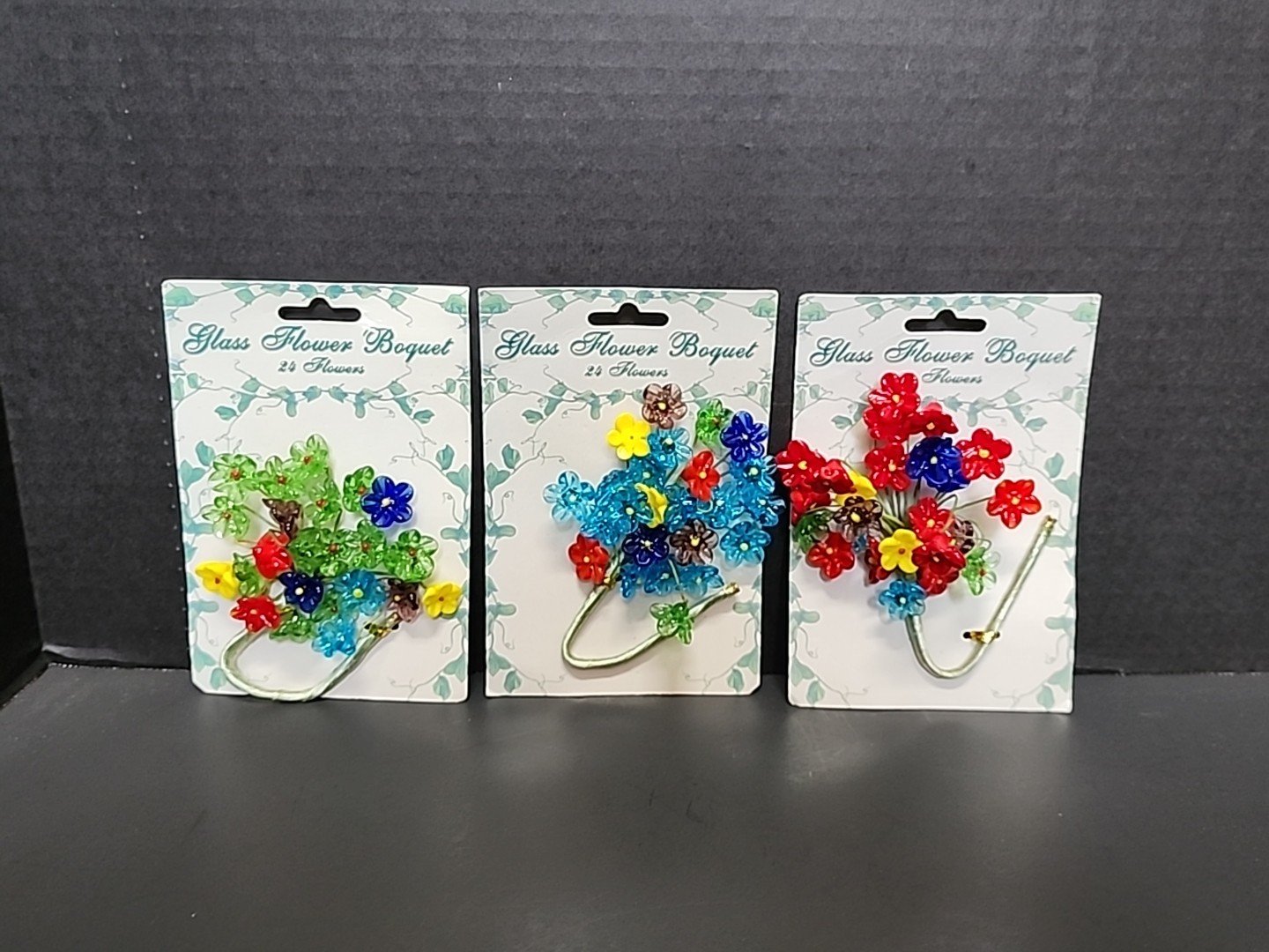 24 Mini Glass Flowers Wire Stem Bouquet Red Blue Yellow Green Purple NOS Lot 3