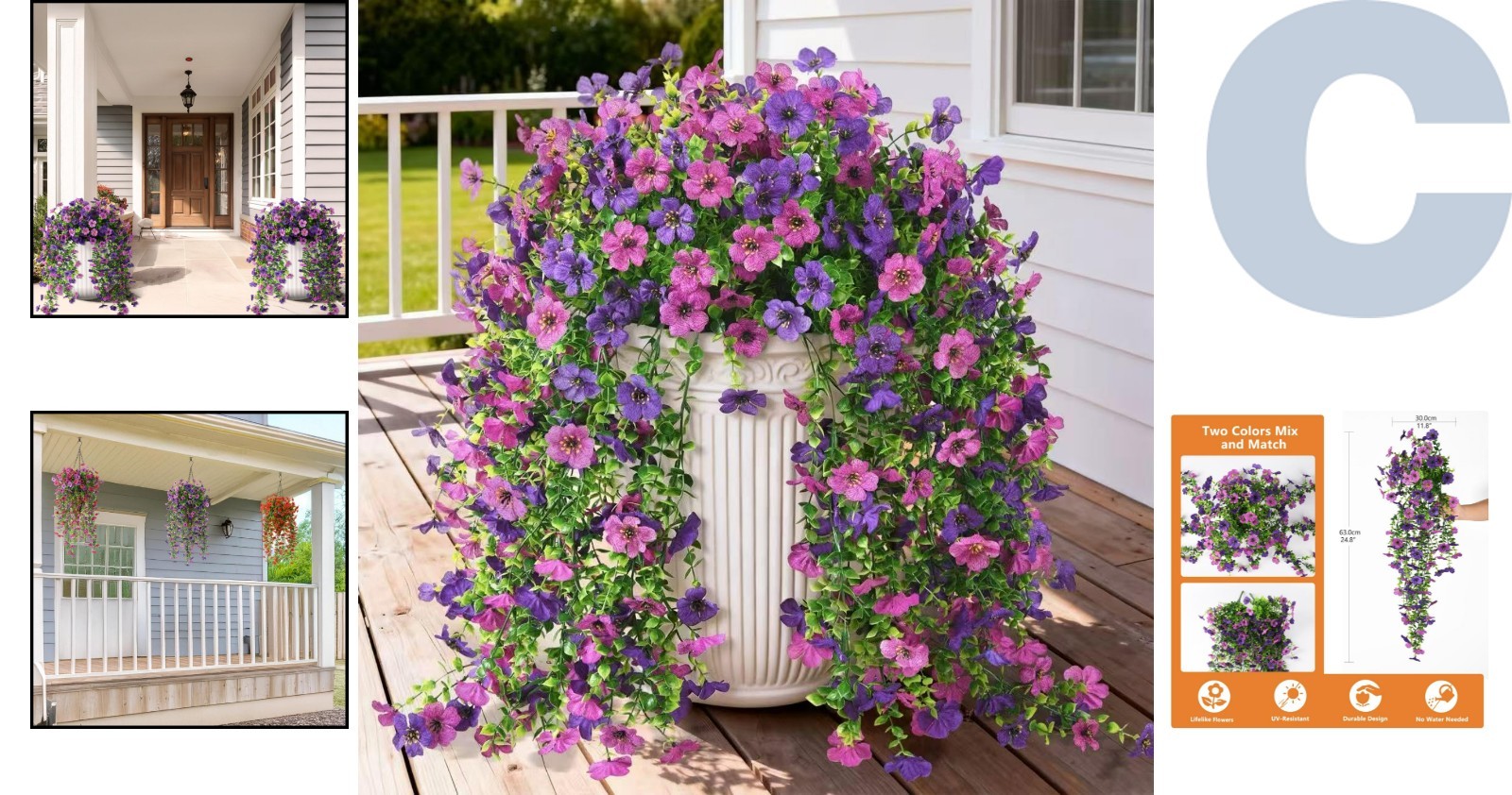 Versatile Faux Hanging Plants for Indoor/Outdoor Use – Set of 2, Double Purple