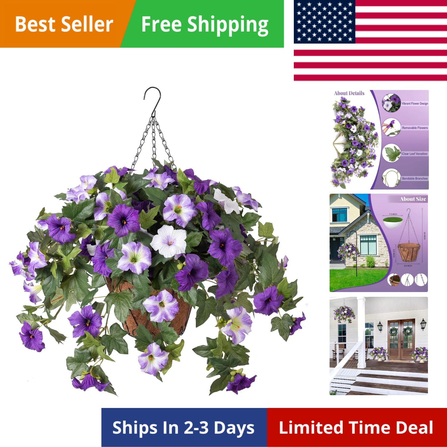 Artificial Hanging Fake Flowers with Basket Plants for Outdoor Decoration, Fa…