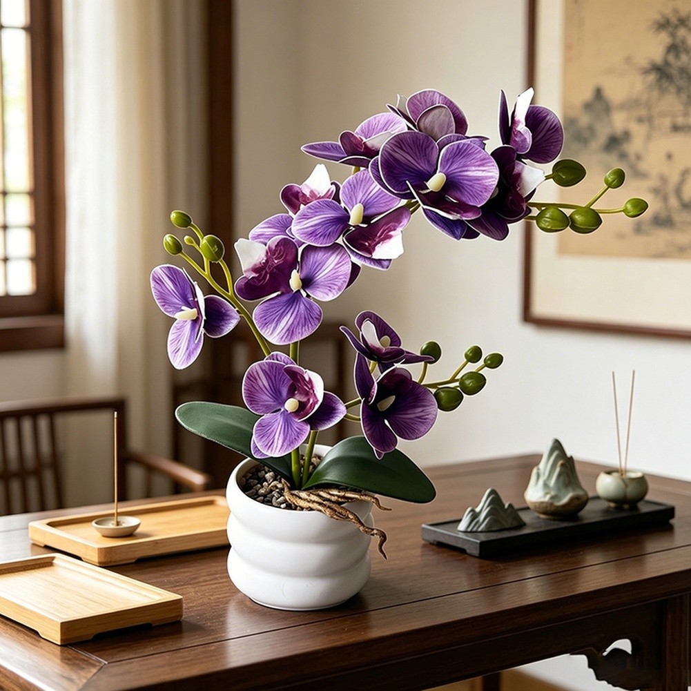 Faux Phalaenopsis Orchid Silk Flower Centerpiece Dust Resistant 12-bloom Design