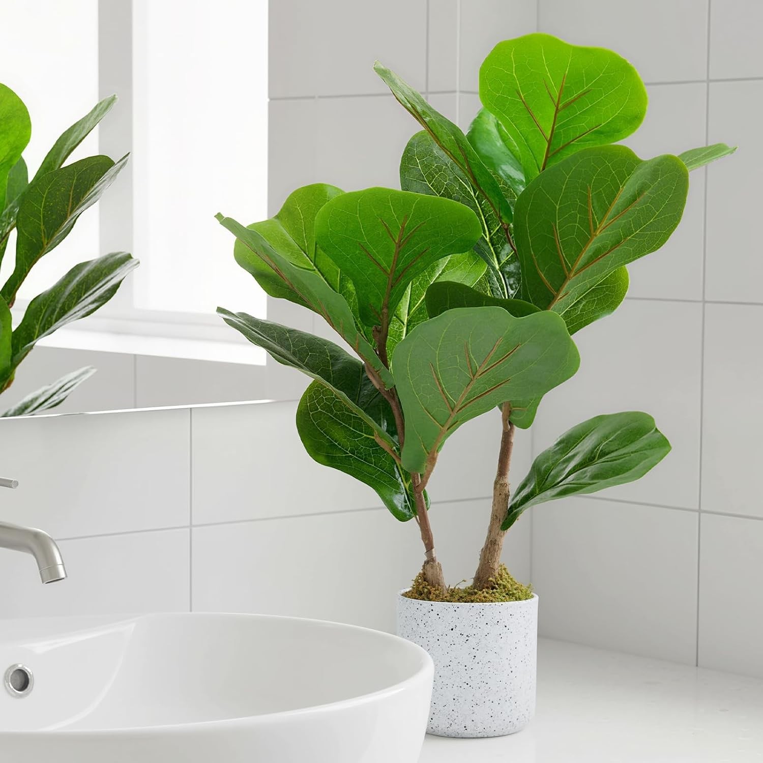 2 Pack Faux Fiddle Leaf Tree 15.7in White Marble Pot Cement Base Home Office