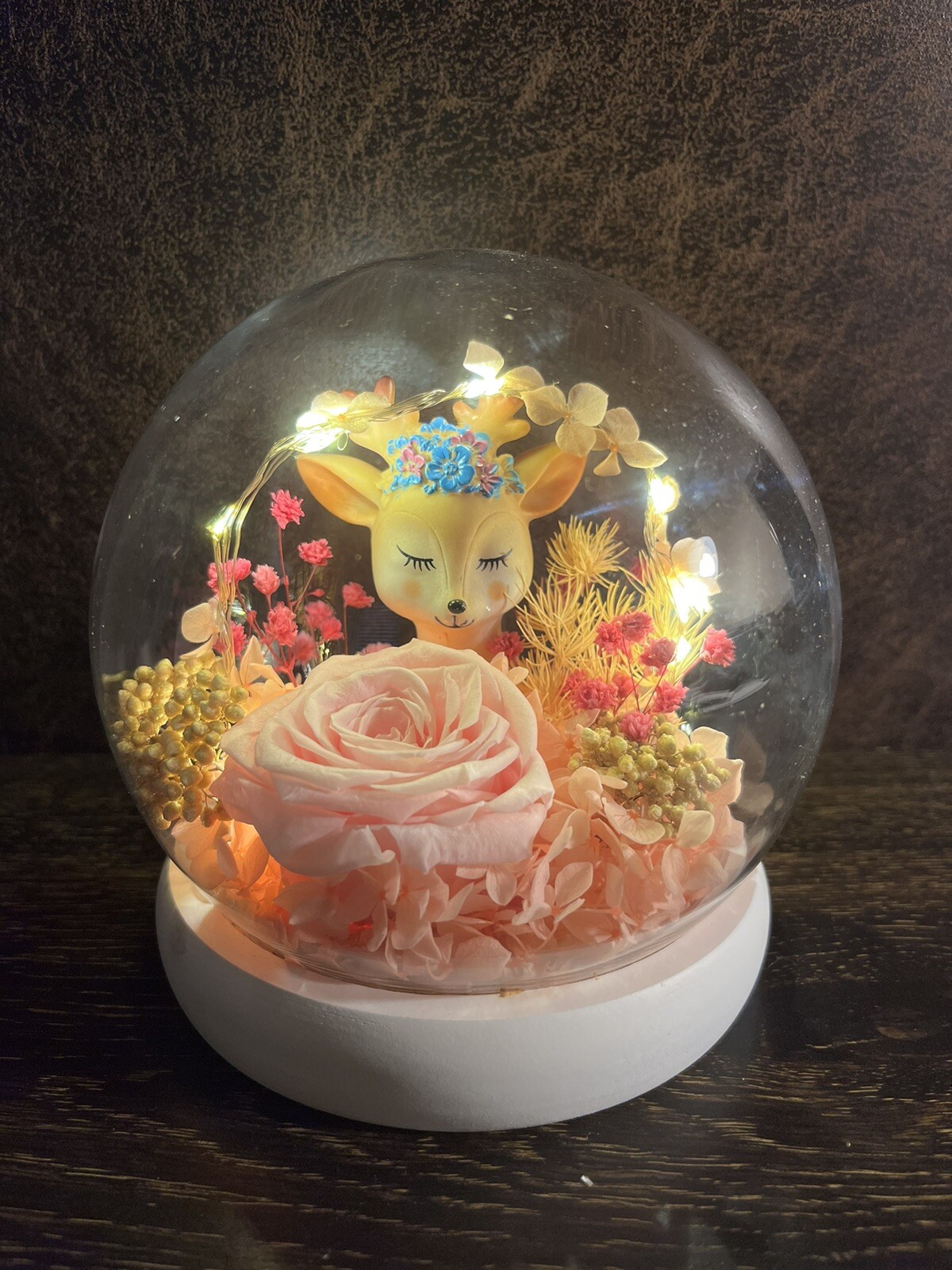 Eternal Rose flower In Glass Dome LED Light & Deer Gift Home Decoration Gift
