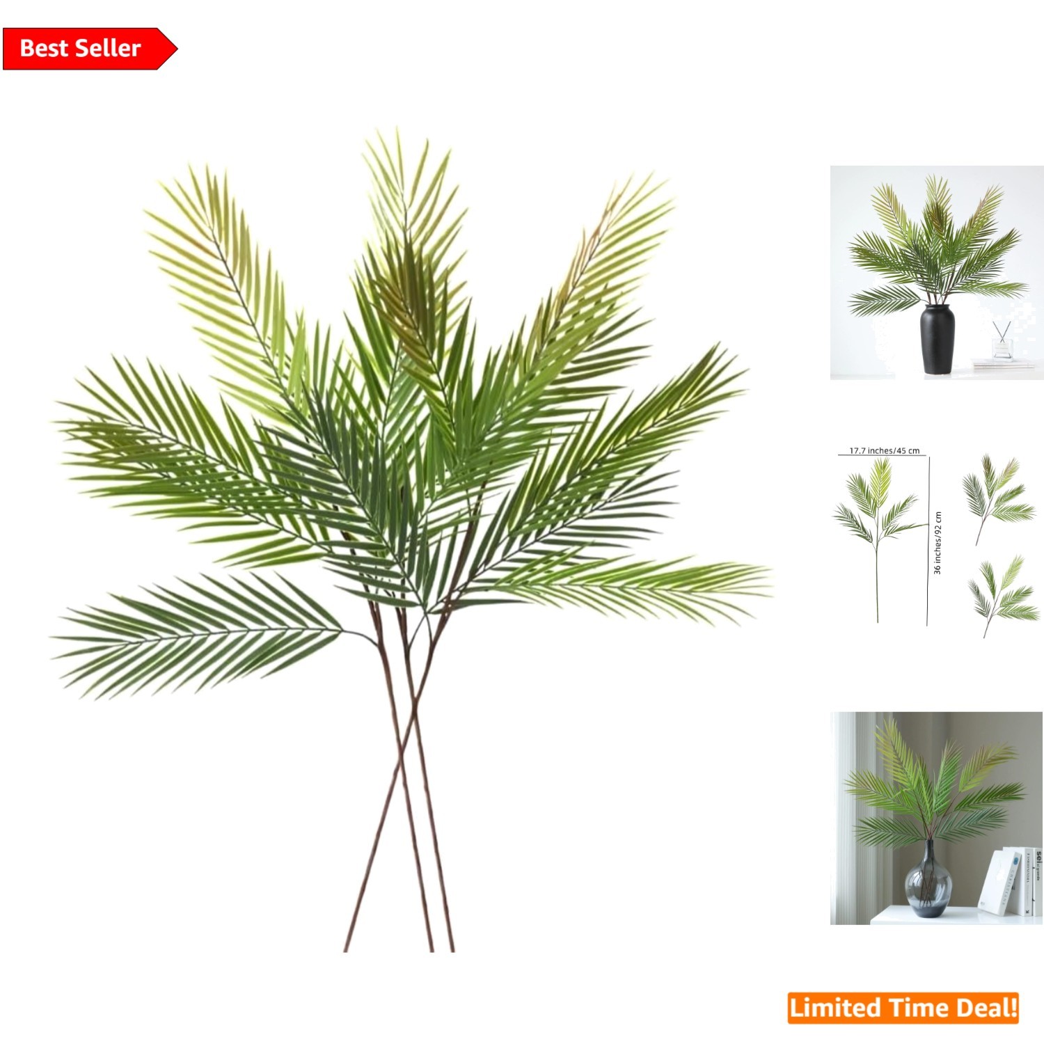 3 Pack of Lifelike 36″ Green Palm Leaves – Versatile Party & Home Decoration
