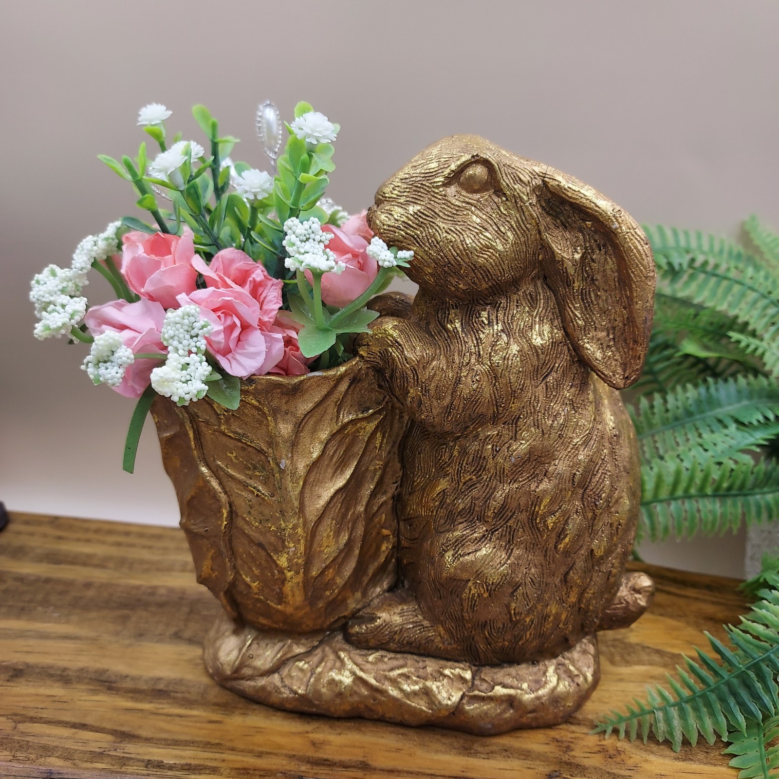 BUNNY & CABBAGE PLANTER Table Decor Gold Rabbit w Pink Mini Roses / Flowers
