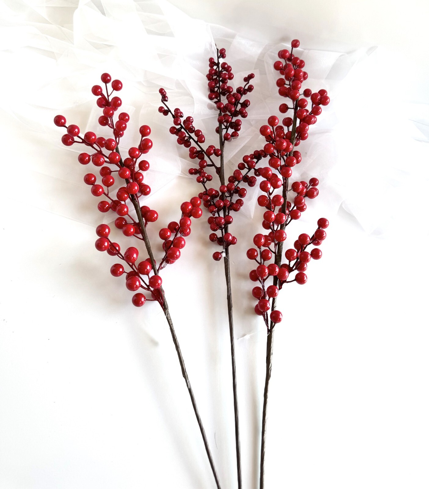 Christmas Red Berry Stems Xmas Decoration Faux Silk Red Berries Festive Florals