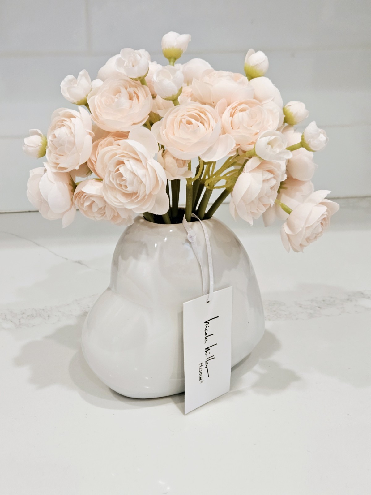 Nicole Miller Home Ceramic Heart Vase 10” Blush Faux Flower Arrangement New