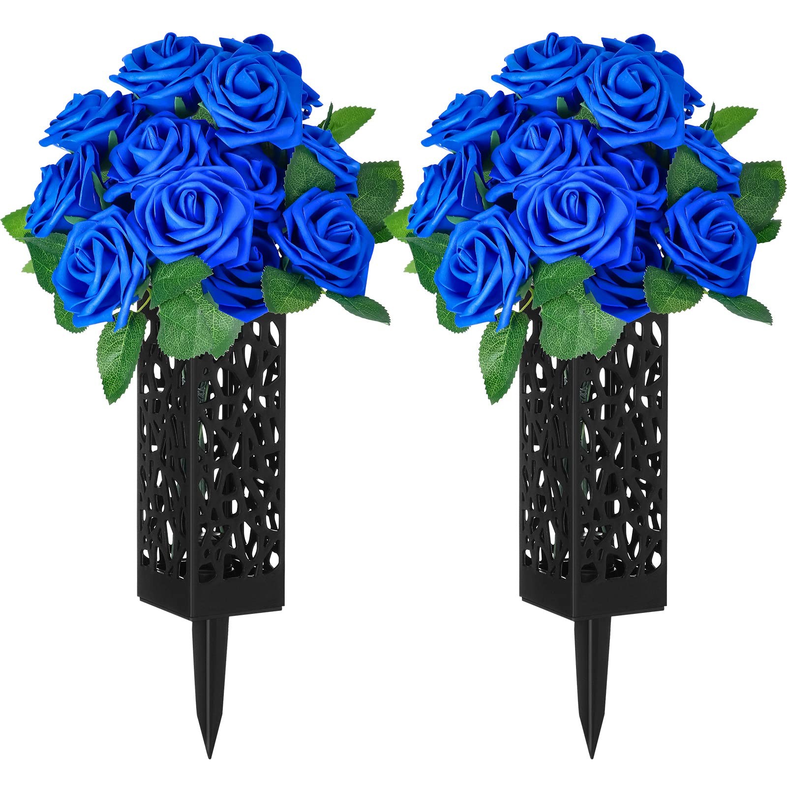 50 Artificial Cemetery Flowers with 2 Cemetery Vase Blue Rose Floral Grave De…