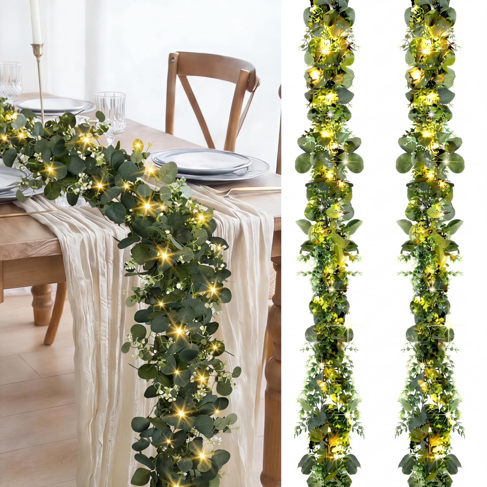 2 Pack 6 ft Artificial Eucalyptus Garland with Lights Spring Summer Green Fau…