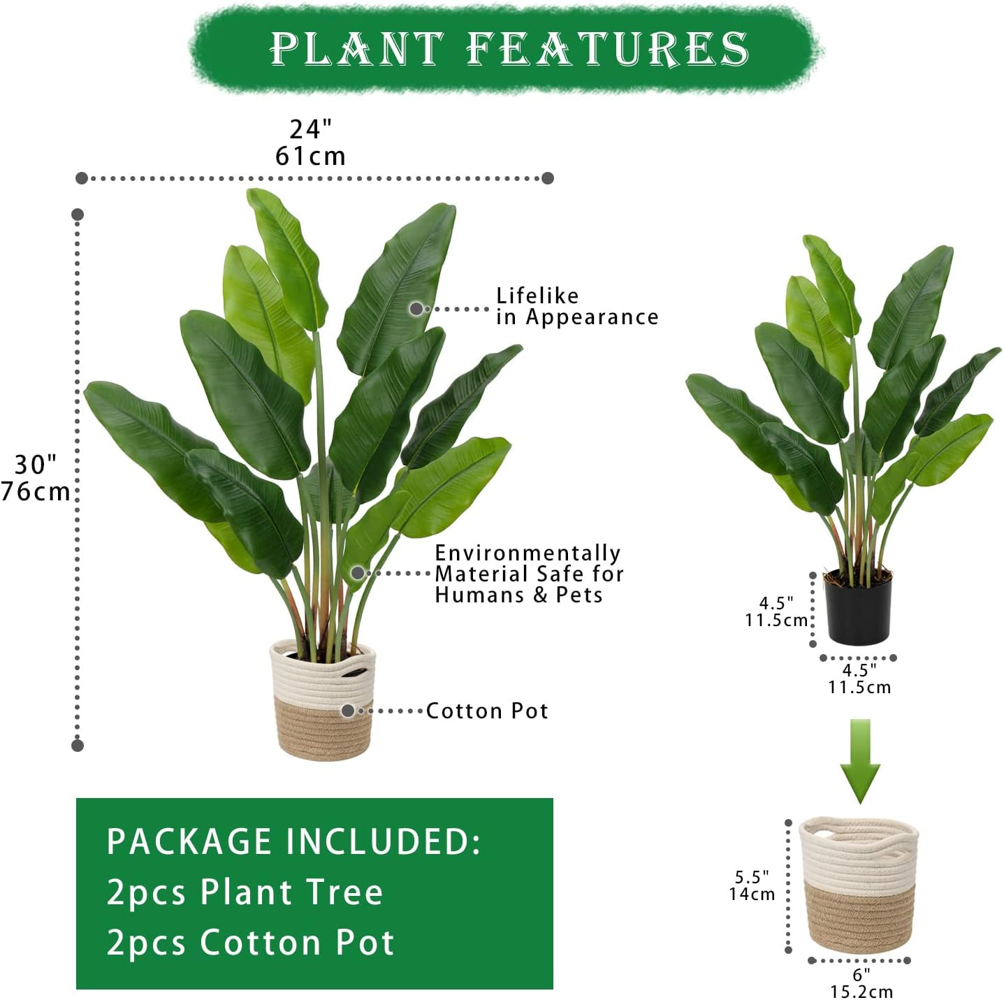 Hollyone 2Pcs Large Artificial Bird of Paradise Plant in Pot, 30″ Fake Palm Trop
