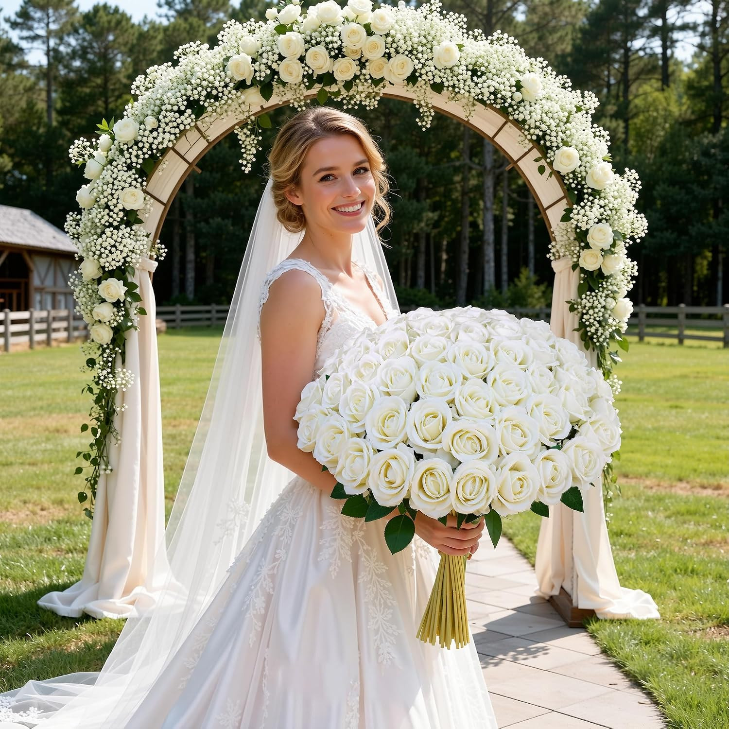 50 PCS Ivory Roses Artificial Flowers, Fake Roses with Stem Realistic Silk Roses