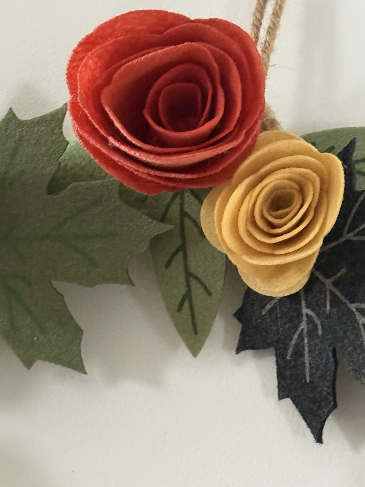 Handmade Felt Roses & Leaves Wreath Approx 18” Round Orange Yellow Peach Greens
