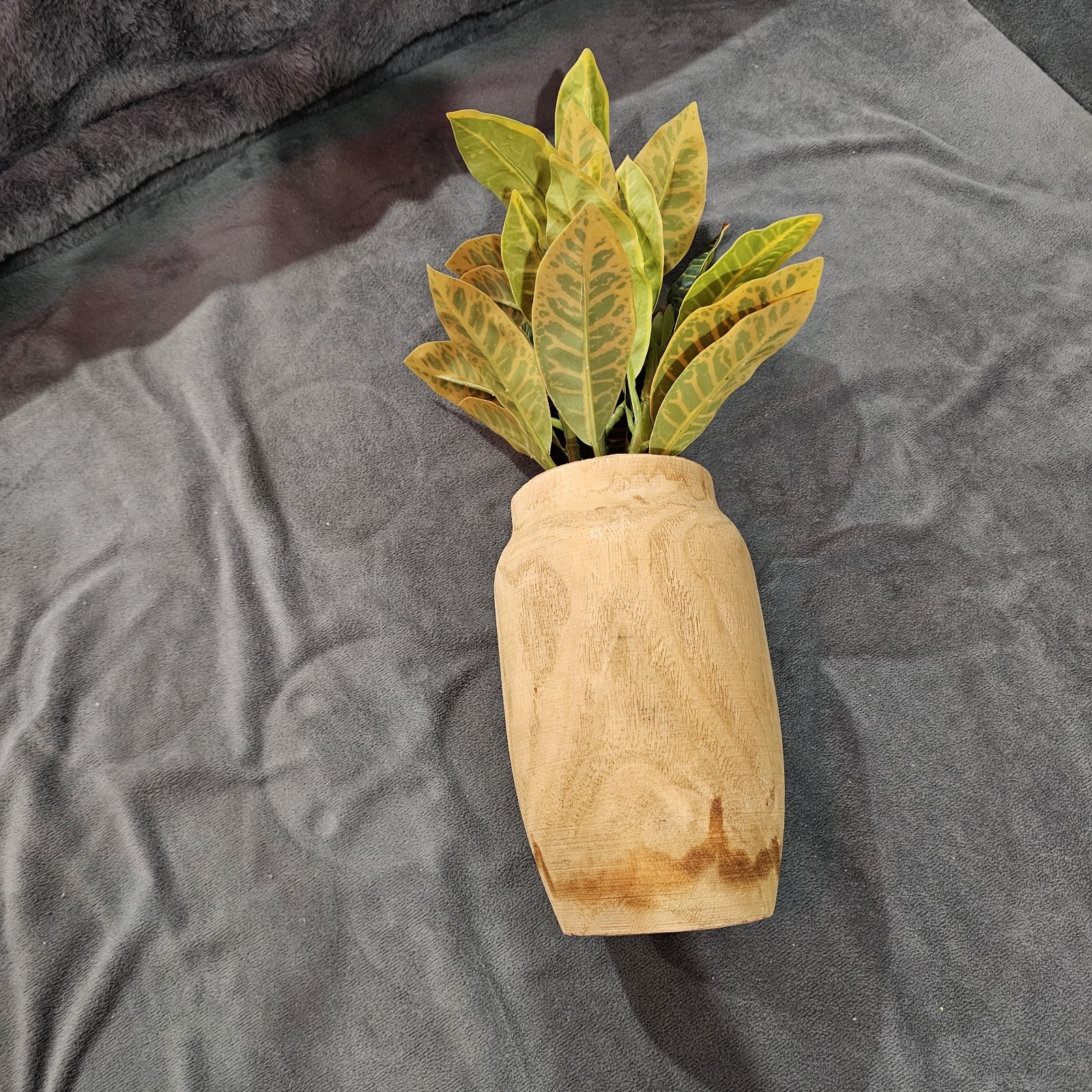 Artificial Croton Plant in Wooden Vase – Decorative Tabletop Plant