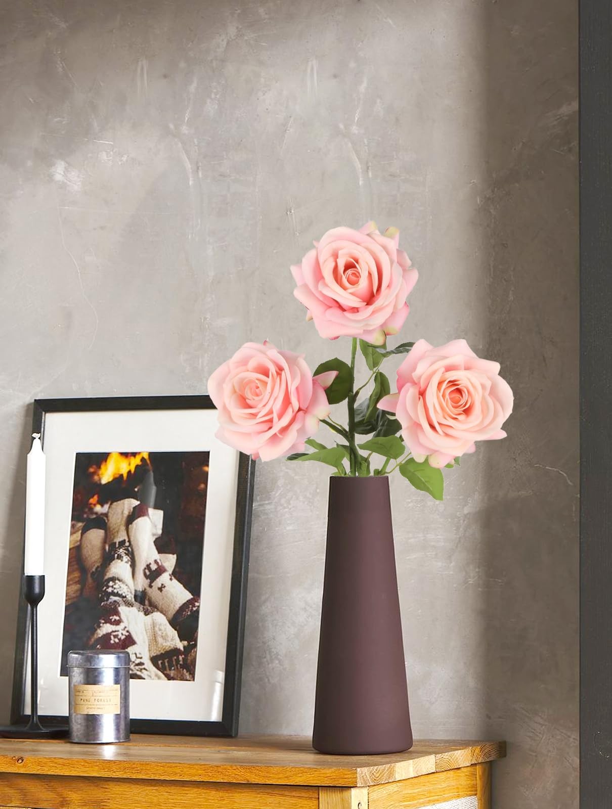 Real Touch Pink Rose Artificial Flowers 3Pcs Latex Faux Roses with Long Stem …