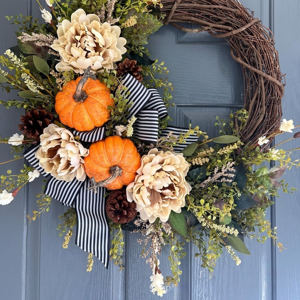 Autumn Wreath with Pumpkin Maple Leaf Eucalyptus Berries for Indoor Outdoor Use