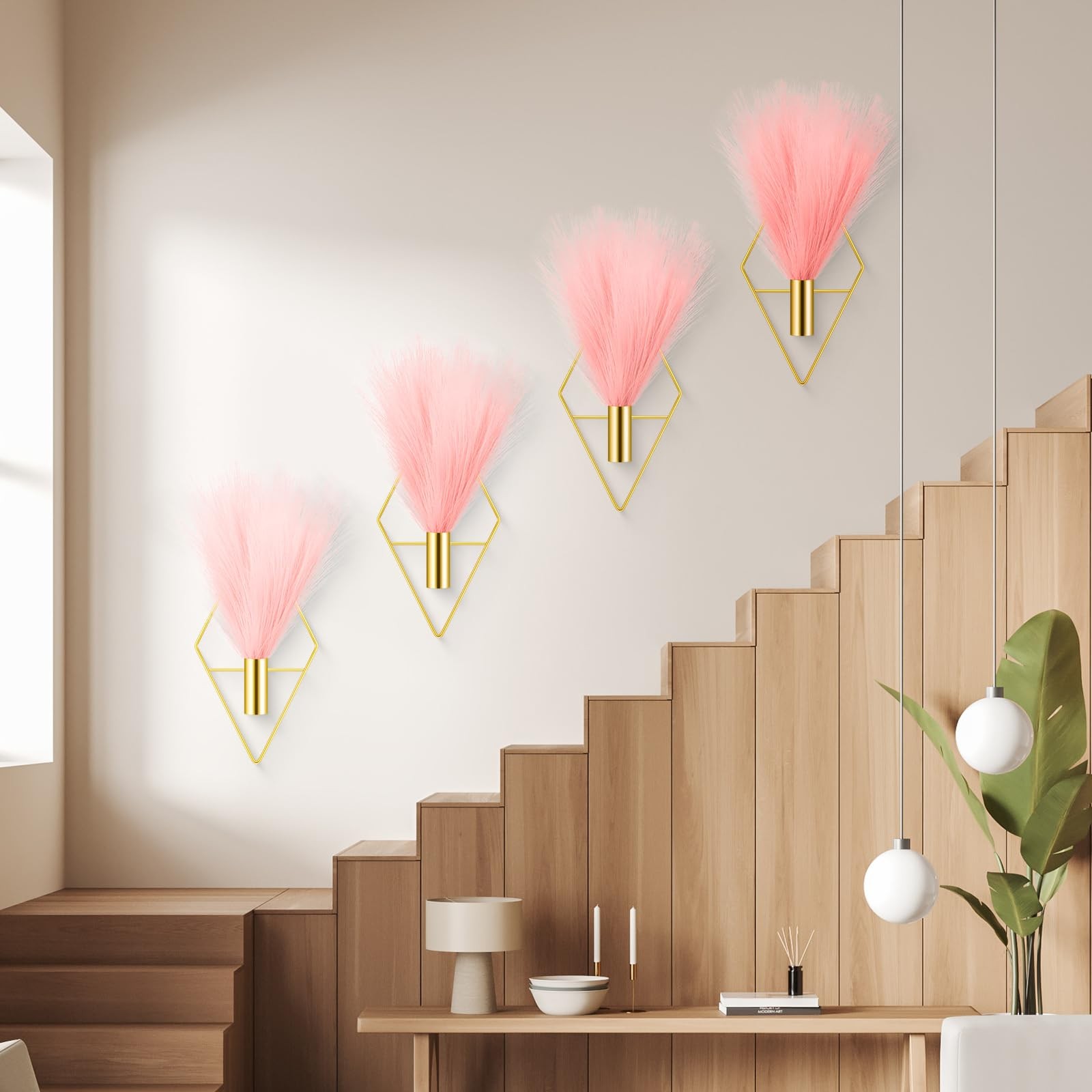 4 Sets Boho Gold Wall Decor Metal Wall Art Hanging Planters with Artificial P…
