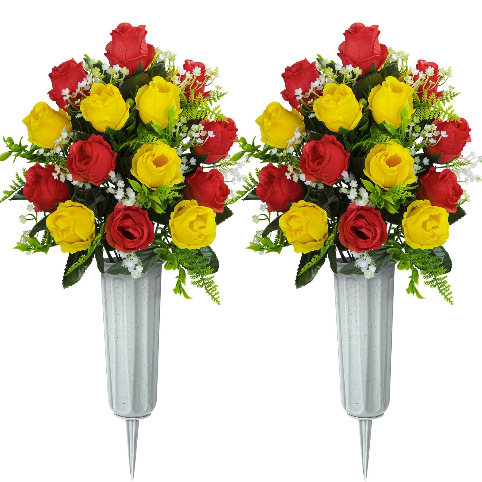 2 PCS Artificial Cemetery Flowers Bouquet With Vase Red Yellow
