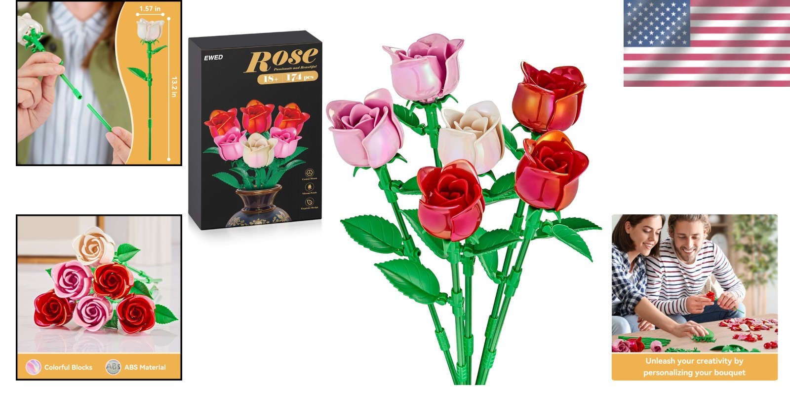 Versatile 174-Piece Rose Building Set with Adjustable Stems – Creativity Awaits!