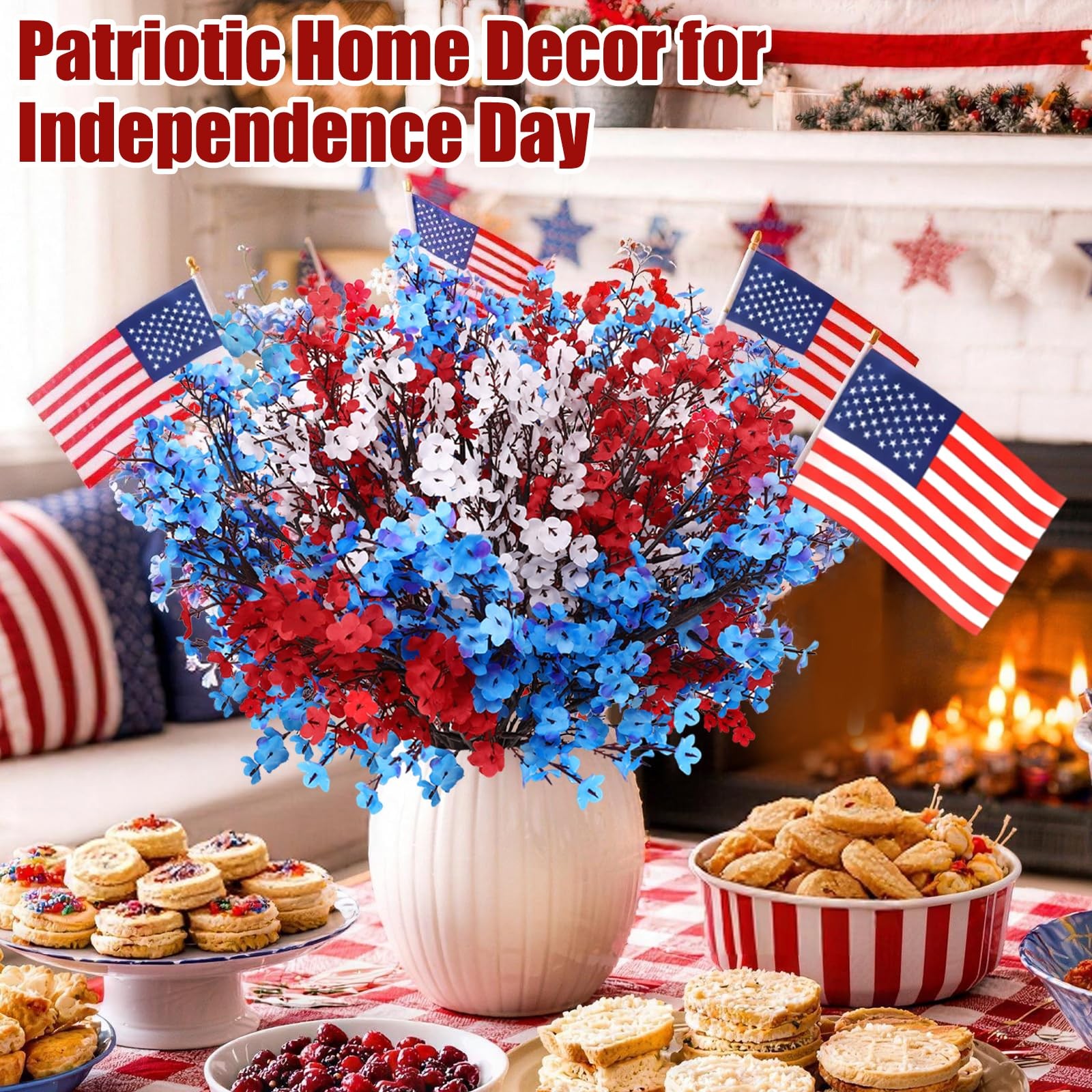 10 Pcs 4th of July Artificial Babys Breath Flowers, 6 Pcs Small Flags, Red Wh…
