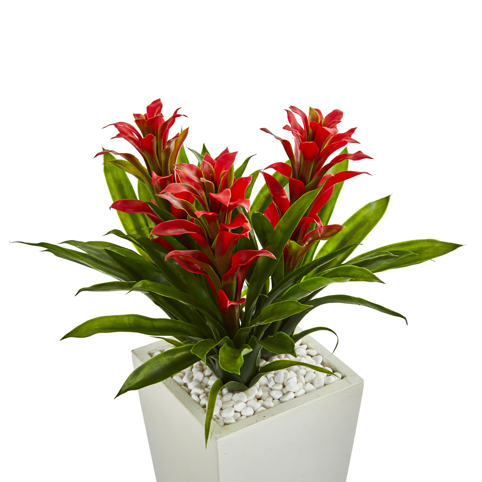 Triple Bromeliad Artificial Plant White Tower Planter Decor Nearly Natural Red