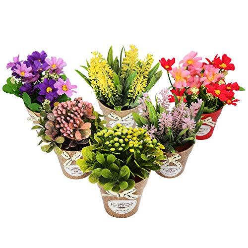 LUEUR Set of 6 Potted Artificial Flowers Fake Flowers with Assorted Colors