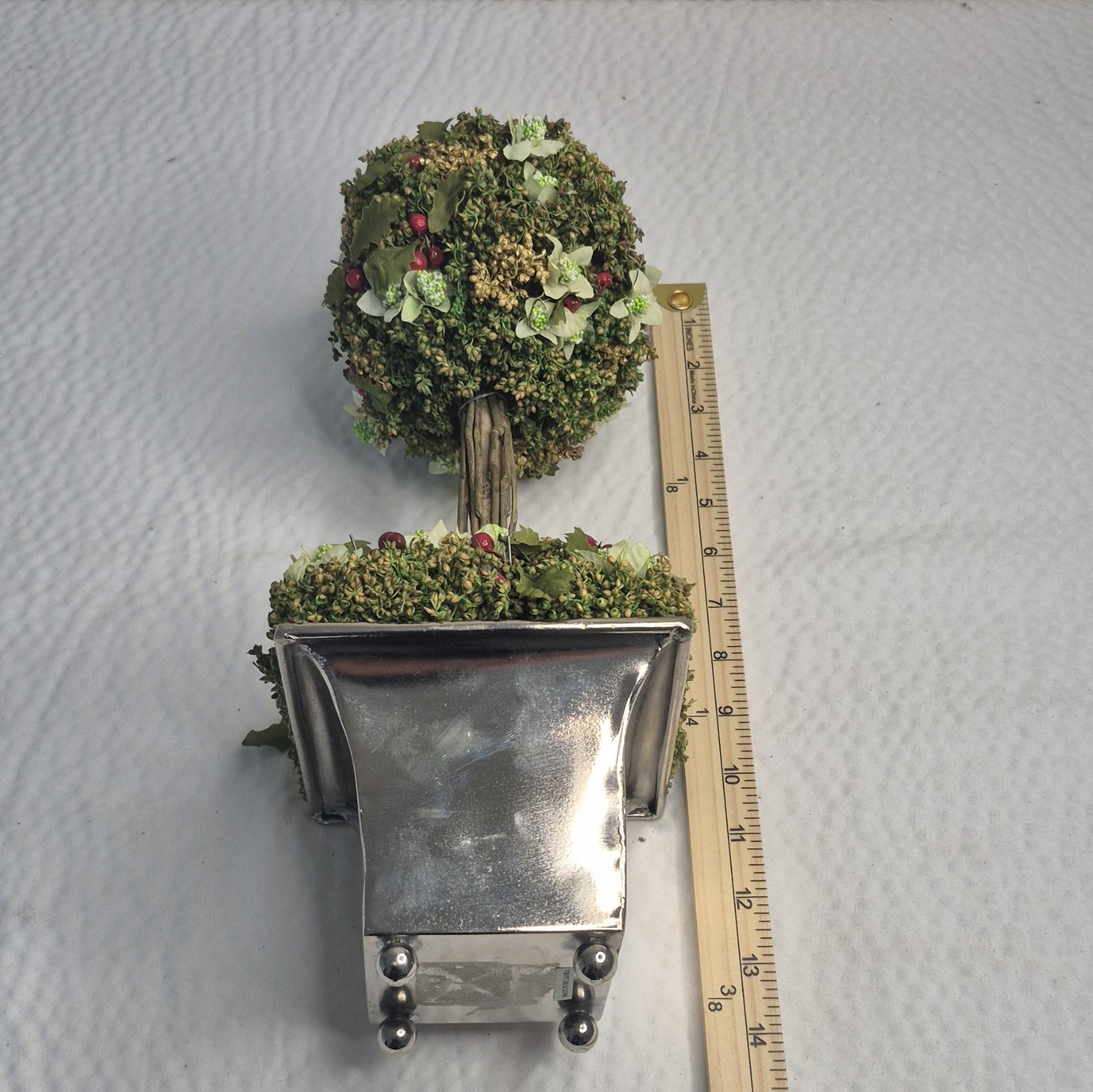 Artificial Double Ball Topiary in Silver Metal Planter Pot 11 in