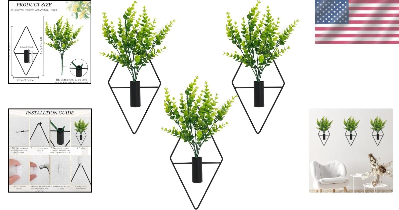 Elegant 3-Piece Geometric Metal Wall Planters with Eucalyptus for Home & Office