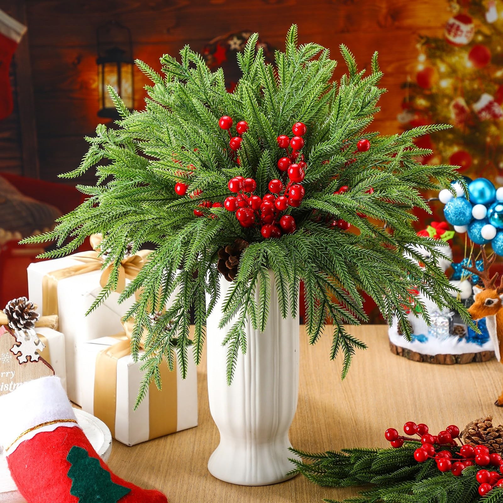 Riceshoot 12 Pcs Norfolk Pine Branches with Red Berries Pine Cones 17.7″ Green