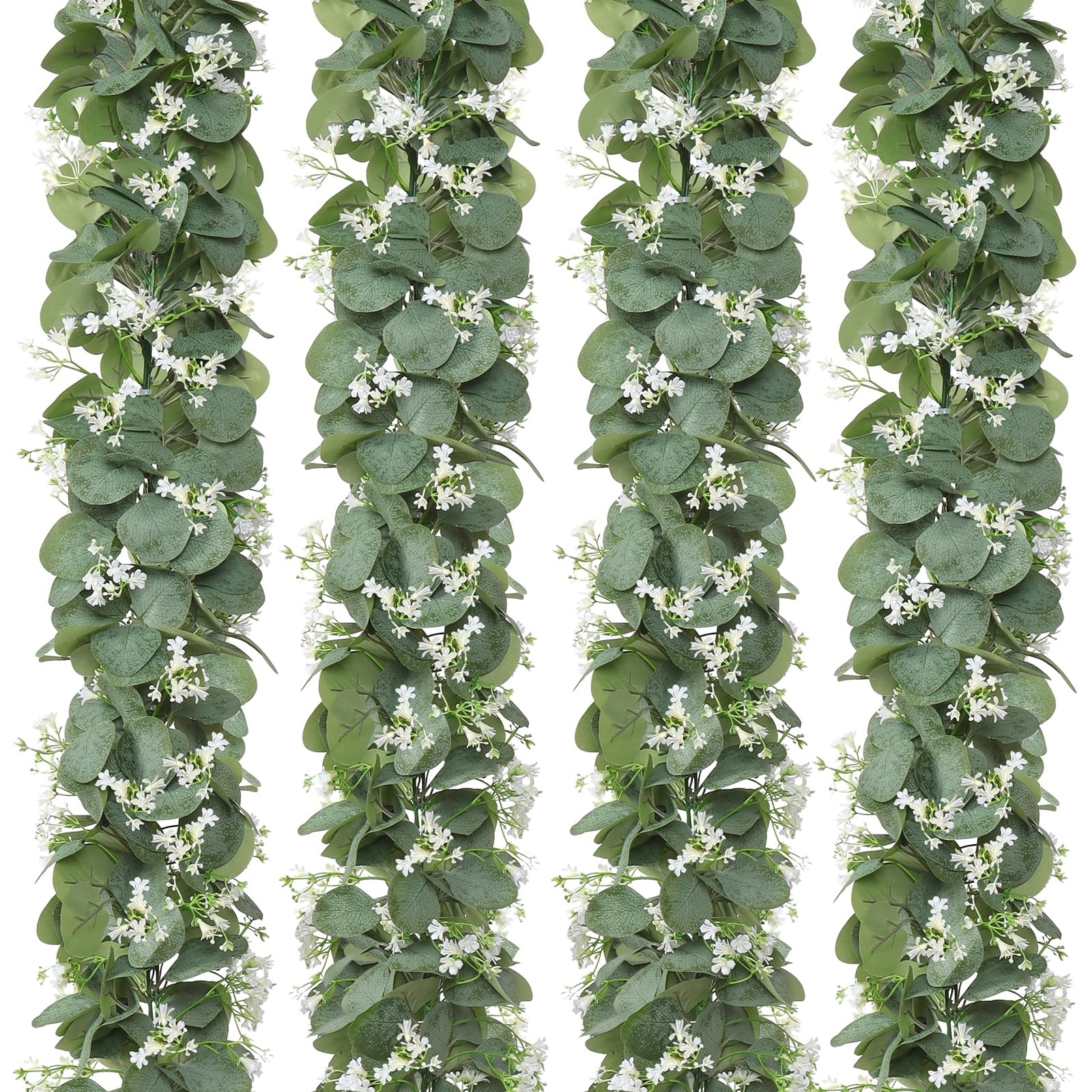Eucalyptus Garland with White Flowers, 4 Packs 5.9Ft Artificial Silver Dollar…