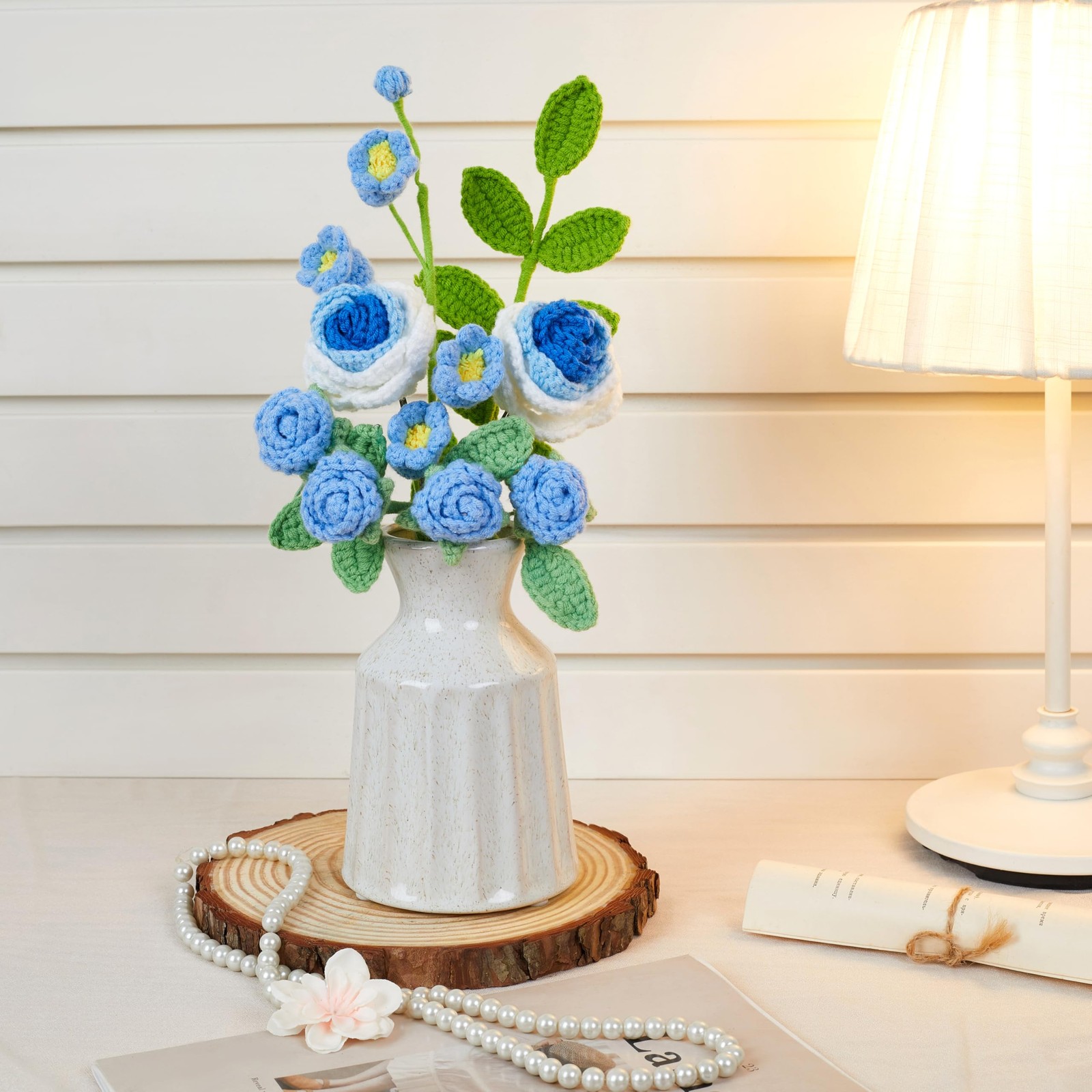 Crochet Flower Bouquet Blue Roses and Lily of the Valley Bouquet for Her, Han…
