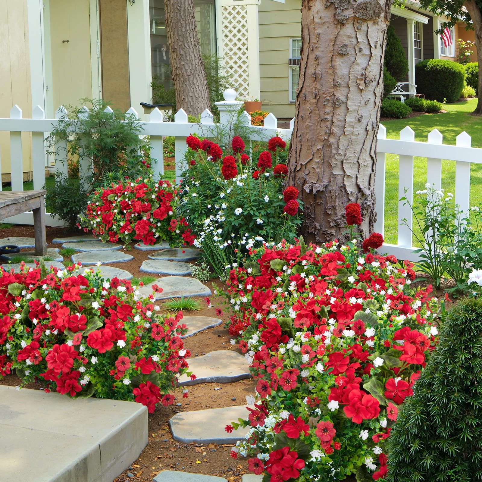 Ouddy Decor 18” Artificial Geraniums Flowers for Outdoors Decor, Large, Red