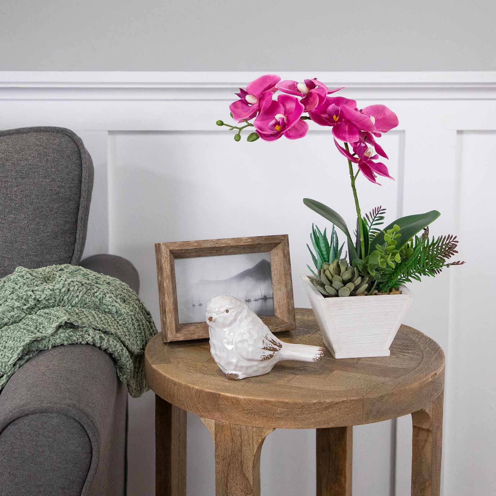 12″ Artificial Pink Orchid with Red and Green Succulent Plants in a Decorative S