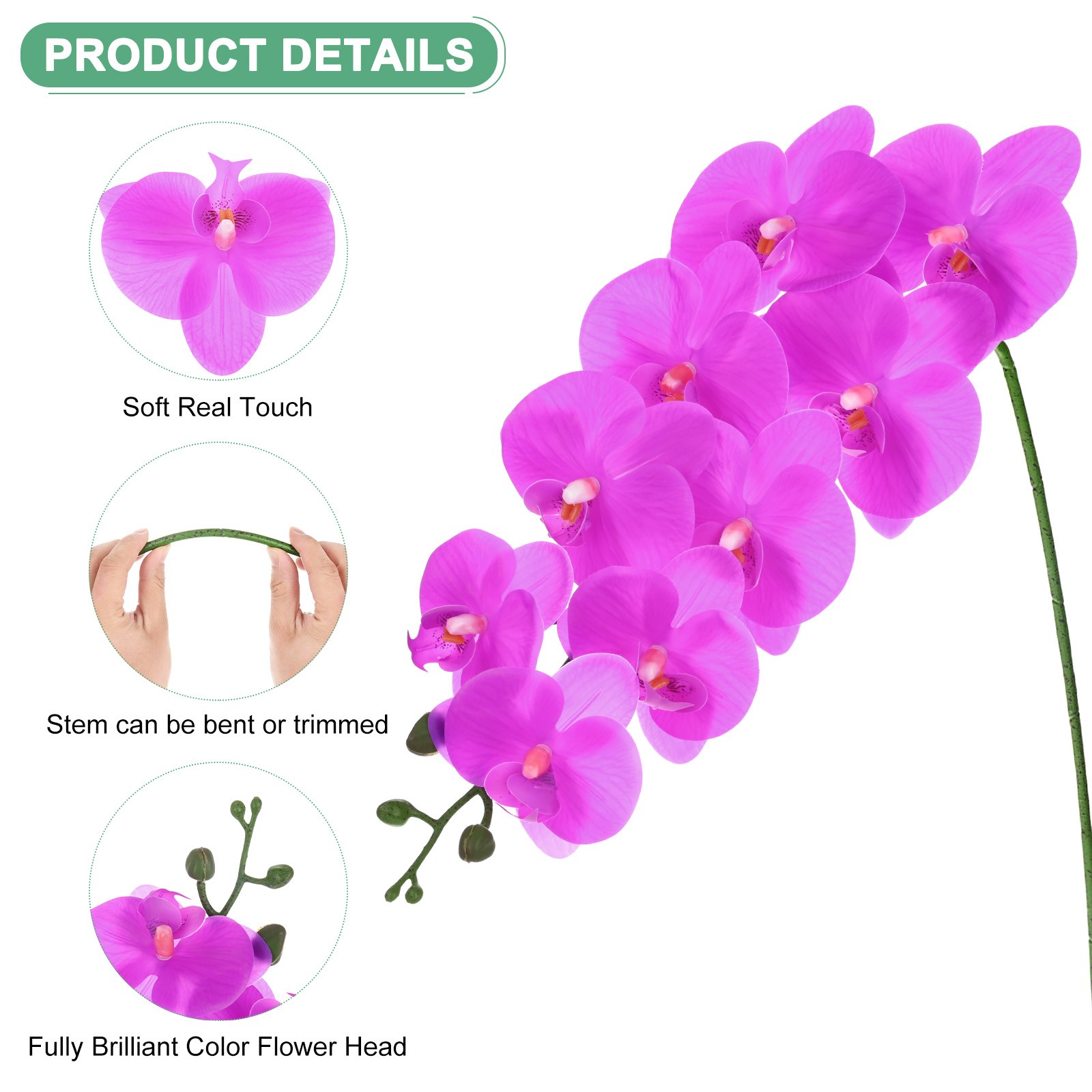 3-Pack Artificial Orchid Flowers 9 Large Petals for Home[Dark Purple]