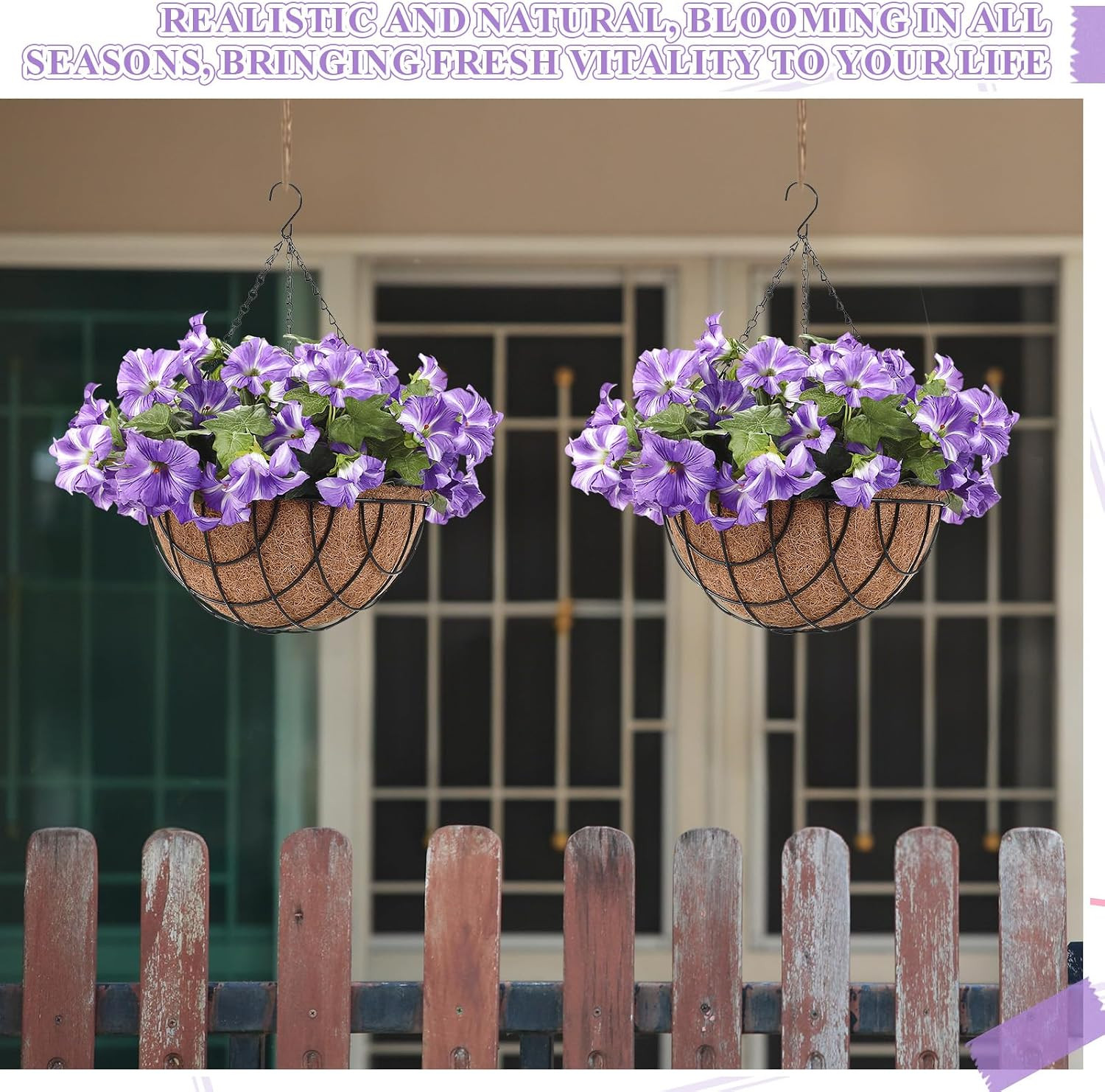 2 Pack Faux Petunia Hanging Flowers in 12″ Basket for Outdoor Decor (Purple)