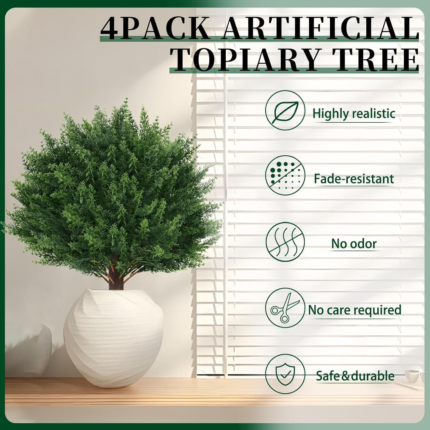 4Pack Artificial Cedar Topiary Ball Trees, 16” UV Resistant Fake Evergreen Shru