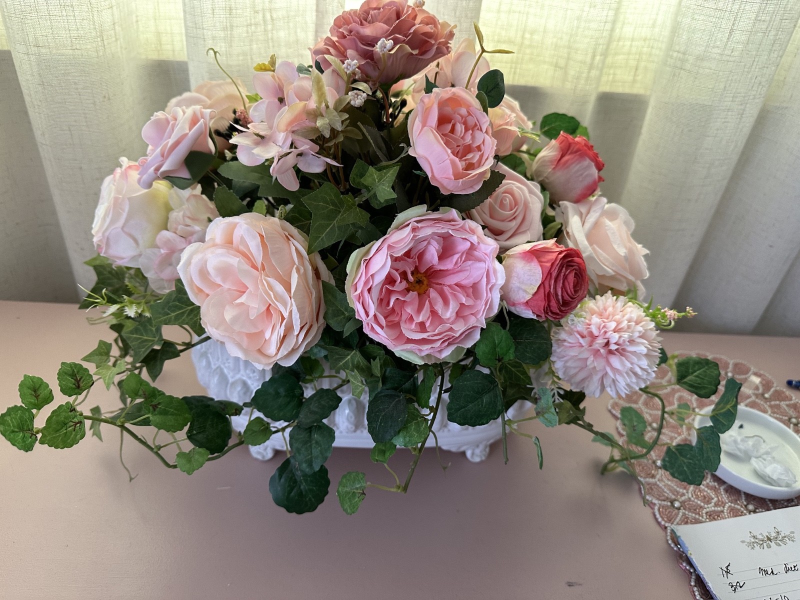 New Handmade Luxury Pink Peony Silk Floral Arrangement in oval ceramic bowl New