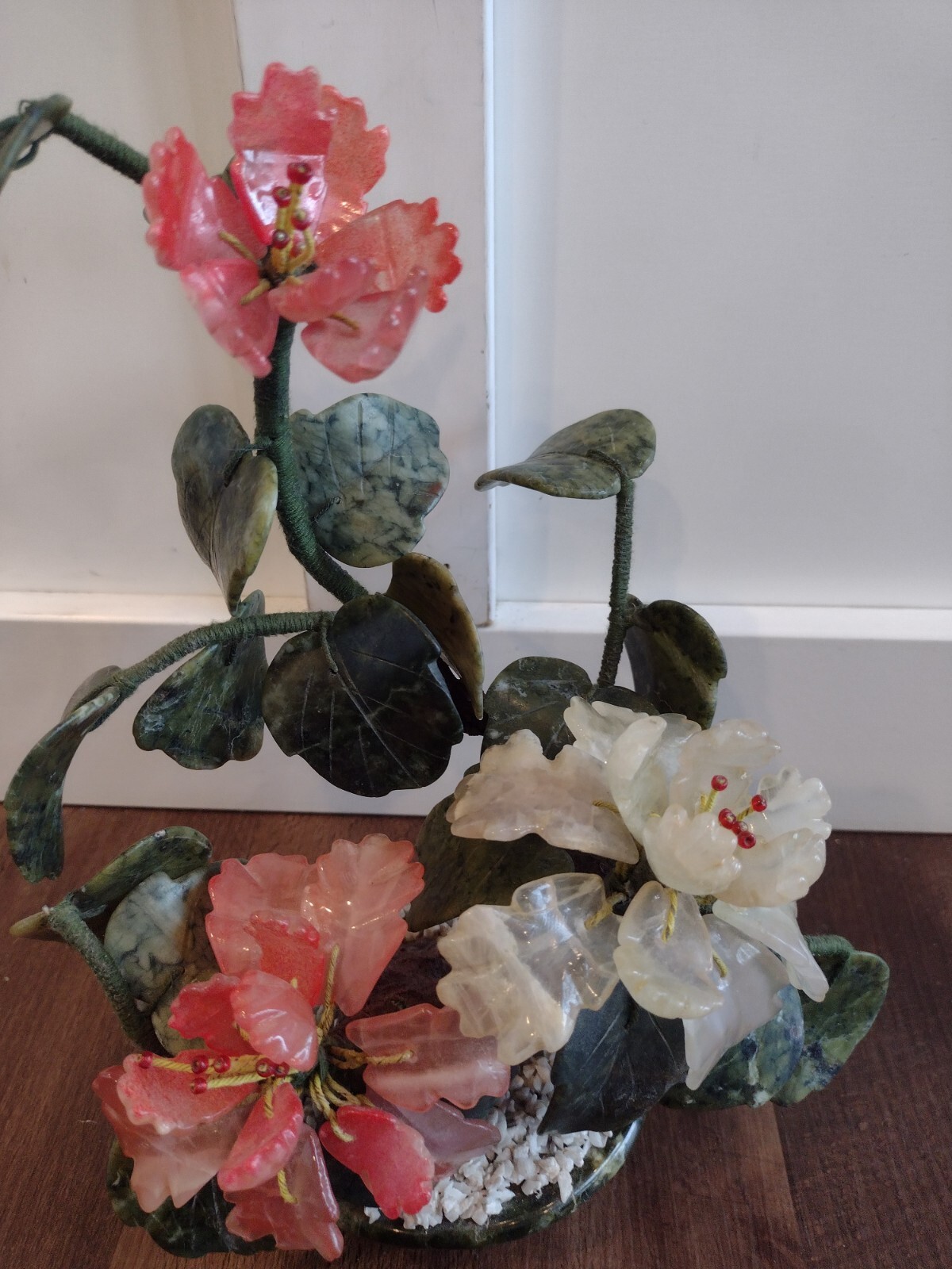 Vintage Bonsai Blossom Flower Tree Jade Agate Quartz Stone Glass Gorgeous 10″