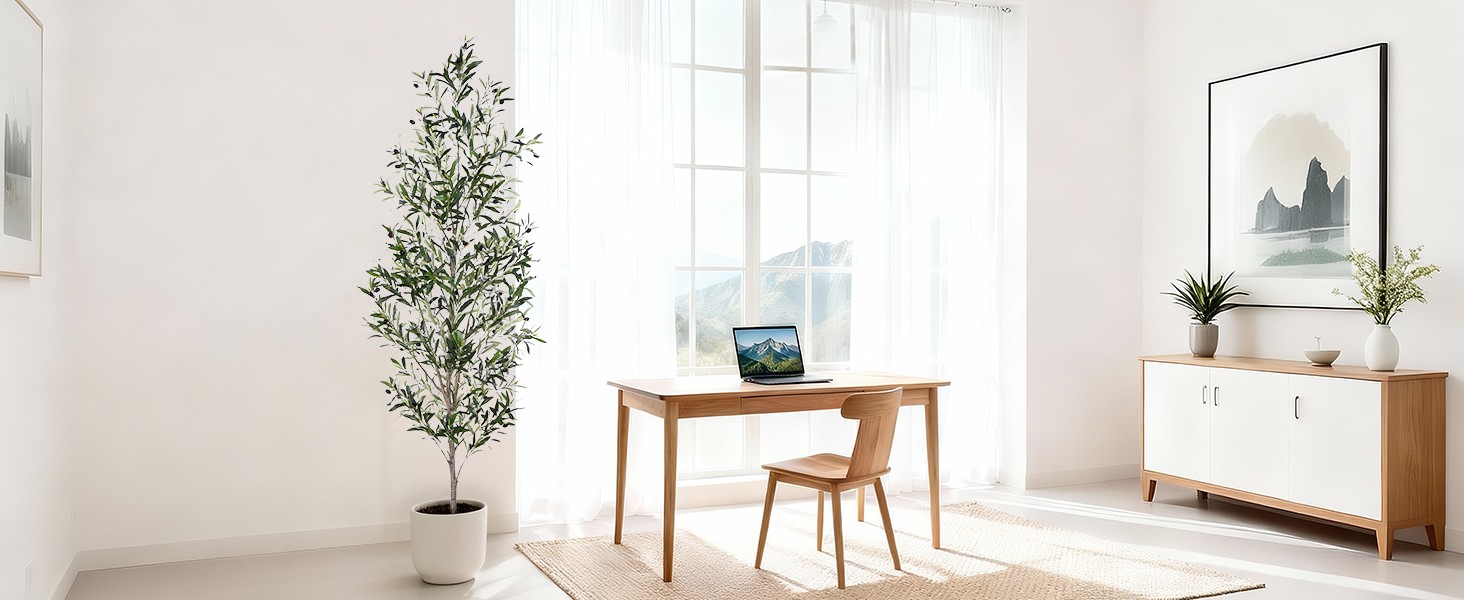 Olive Tree, 7FT Artificial Indoor Tall Faux Olive Trees w/Planter & Natural Wood