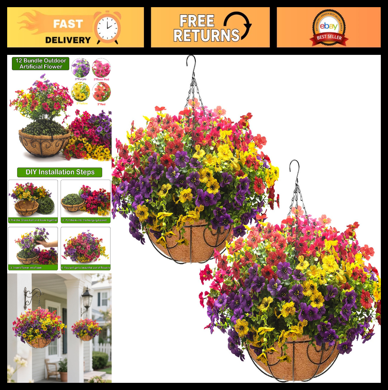 2 Set Artificial Outdoor Flowers with Hanging Baskets – 24 Pcs Planters for Gard