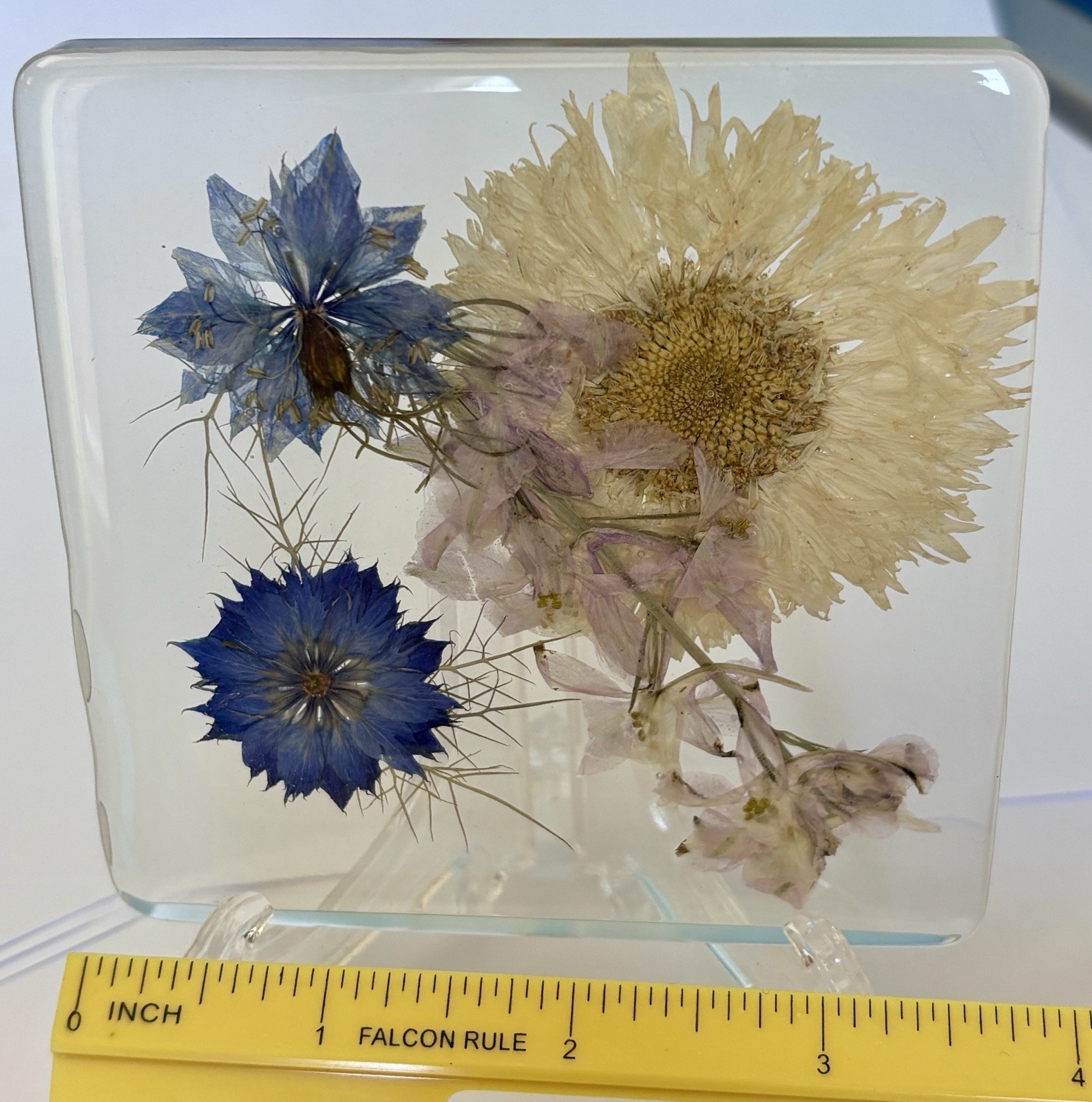 Pressed Flower Resin Block Art Blue Floral Desk Display Decor 3.5 X 3.5 Boho