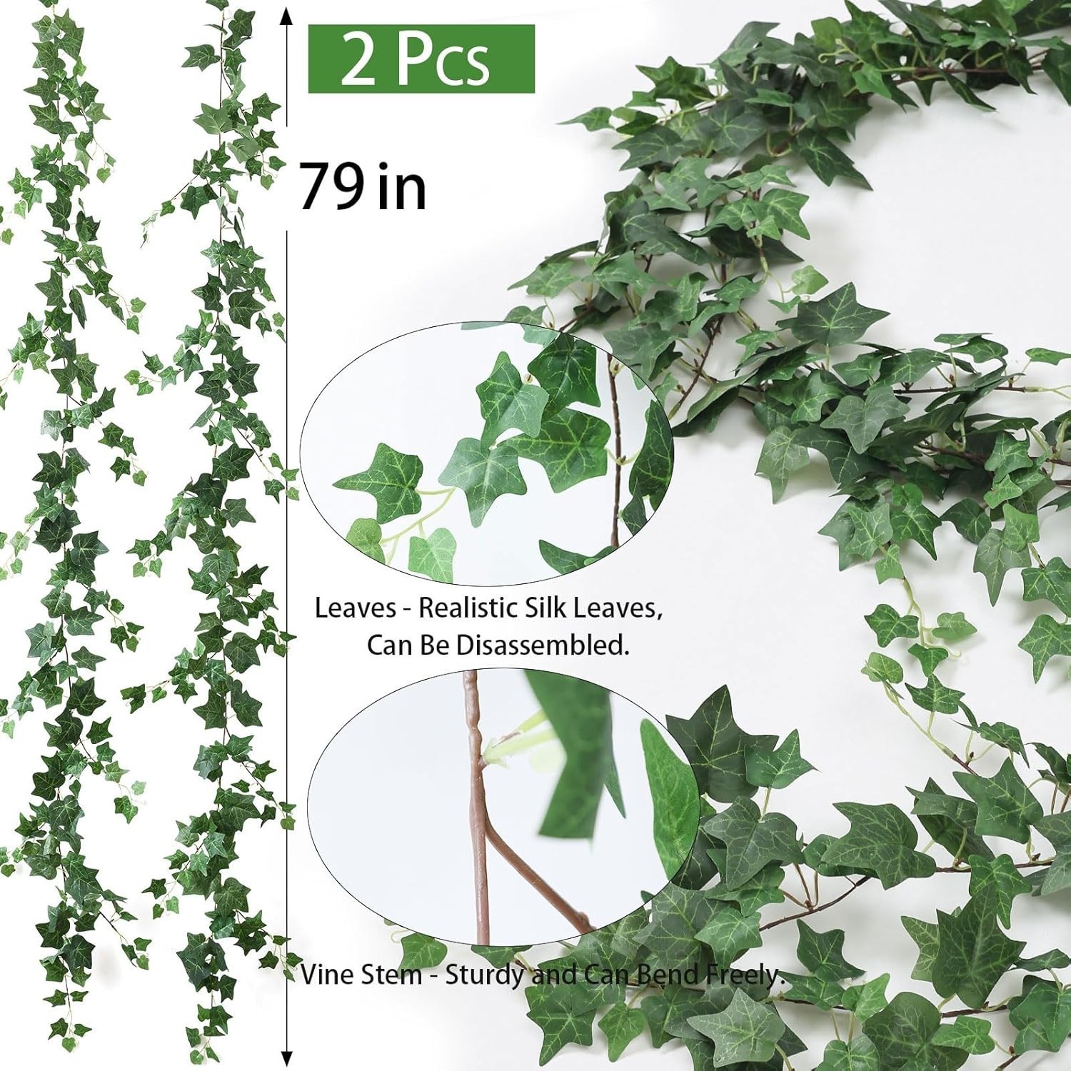 2 Strands Artificial Ivy Vines Garland, Fake Vines for Bedroom with Silk Green