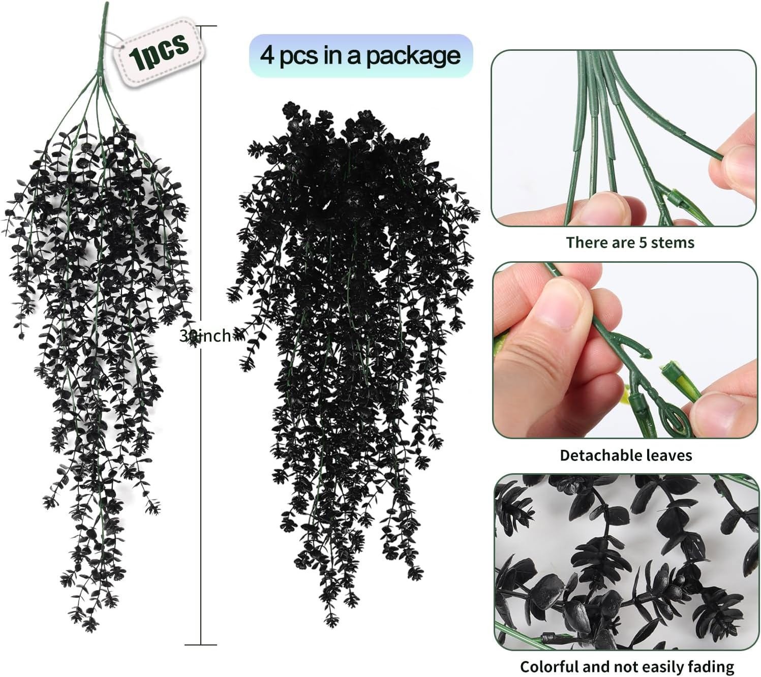 4PCS Black Artificial Hanging Plants Flowers for Halloween Party Gothic Decor