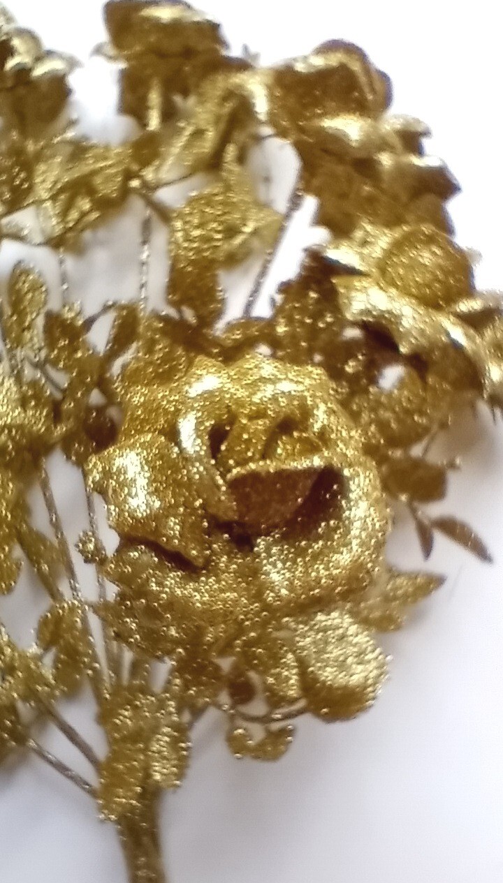 Gold Glittered 14-Plastic Tea Roses 18″ Bush Flower Home Holiday All Decor Craft