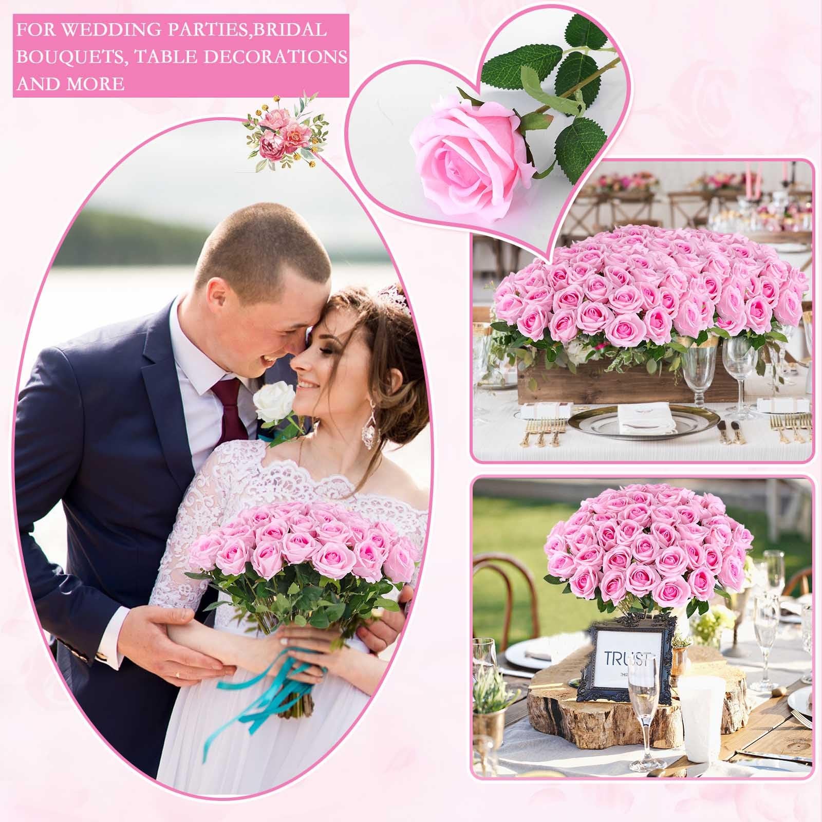 50 PCS Pink Artificial Roses Bulk Fake Silk Flowers For Wedding Centerpieces