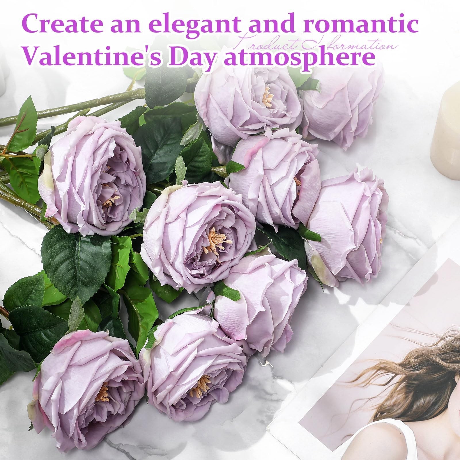 Daifunli 10pcs Peonies Artificial Flowers, Faux Austin Rose Long Stem Real Fake