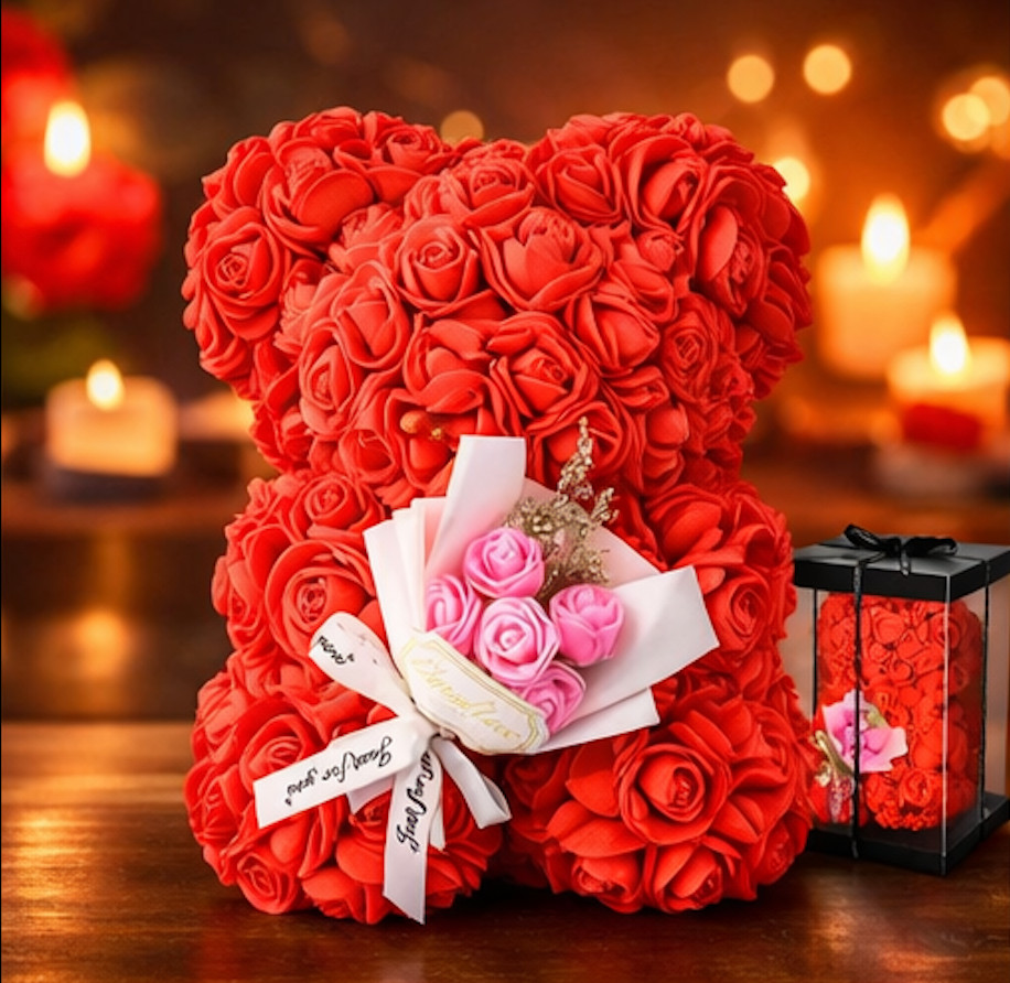 Artificial Rose Teddy Bear 25cm with Box – Romantic Valentine Gift for Her