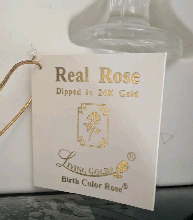 24K Gold Dipped Real Rose Emerald May Birthstone Living Gold in Box W/Vase 11″
